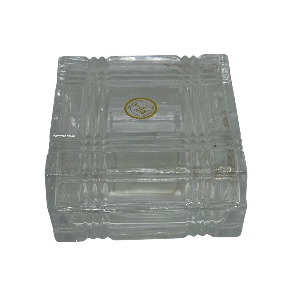 GE Lead Crystal Glass Trinket Box 4"x2" USA Made | Clear Cut Square Jewelry Dish